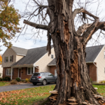 A large dead tree in a residential yard displaying severe peeling bark, shelf fungi on the trunk base, and broken canopy branches near a home.