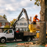 Professional tree removal crew cutting a large tree trunk from a bucket truck on a residential street lawn in Rochester, NY.