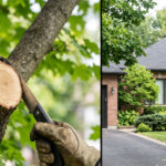 Comparison showing precision tree pruning cut at the branch collar beside an arborist trimming canopy branches in Greece NY.